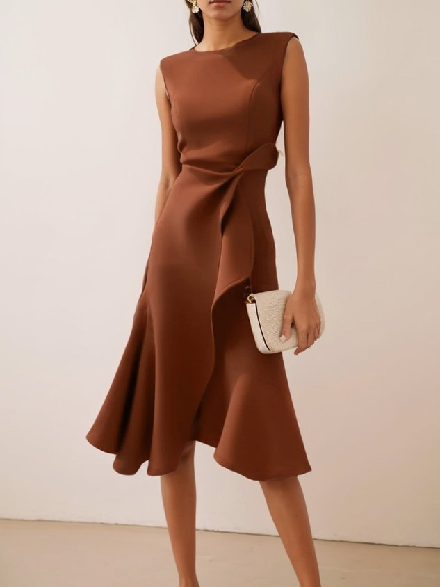 Camilla draped sleeveless midi dress in rich brown with an asymmetric waist detail and flared skirt.