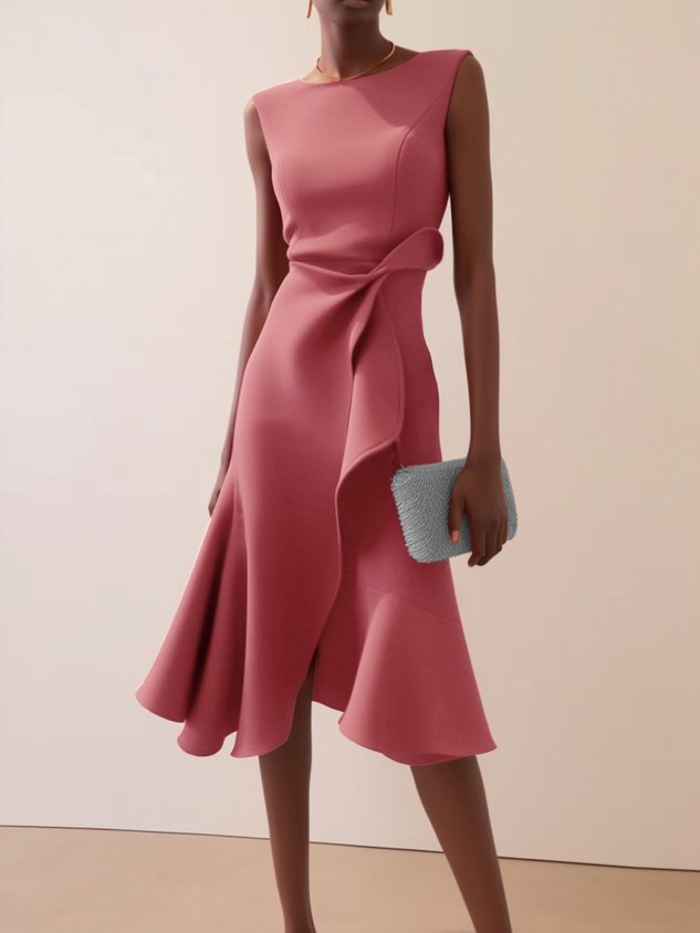 Camilla draped sleeveless midi dress in rose, featuring an asymmetric waist detail and softly flared skirt.