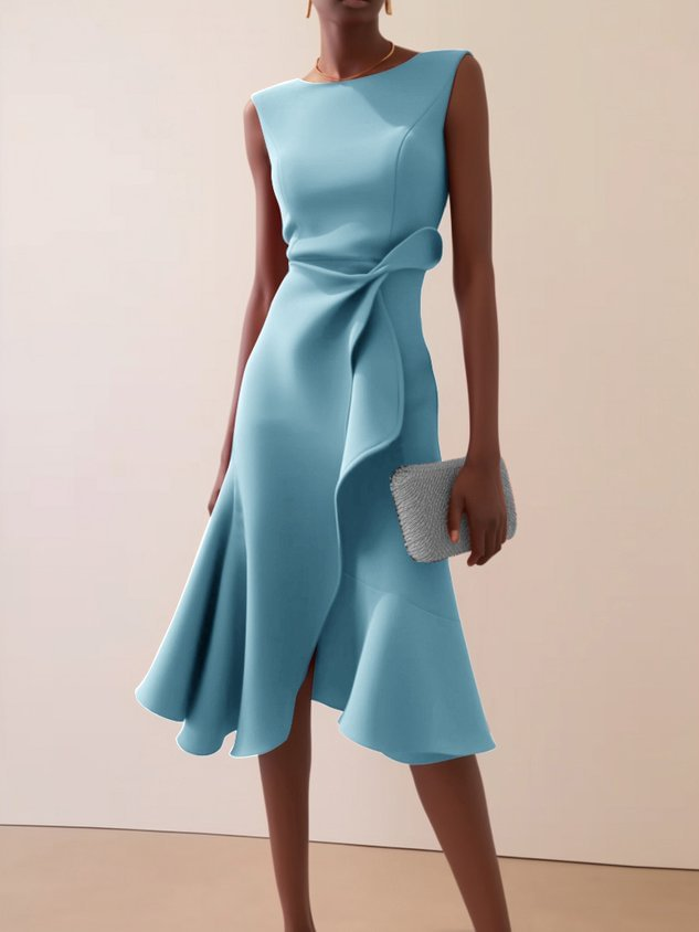Camilla women's draped sleeveless midi dress in light blue with asymmetric waist detail and flared skirt.