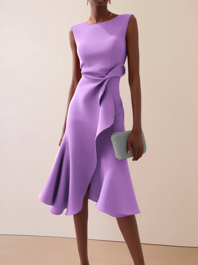 Camilla Women's Draped Sleeveless Midi Dress in lilac with asymmetric waist detail and flared skirt.