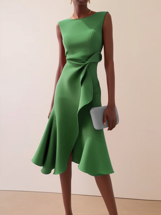 Camilla women's draped sleeveless midi dress in vibrant green with asymmetric waist detail and flared skirt.