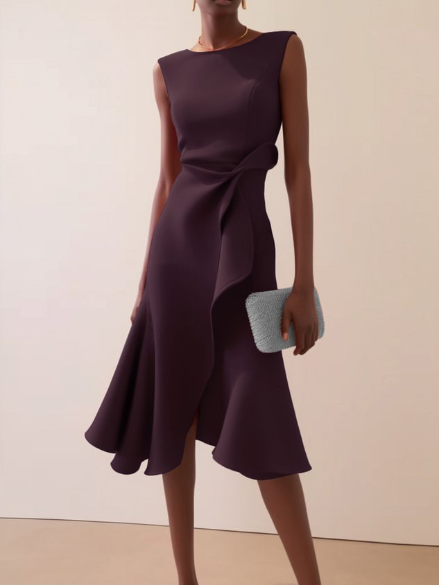 Camilla women's draped sleeveless midi dress in deep plum with an asymmetric waist detail and flared skirt.