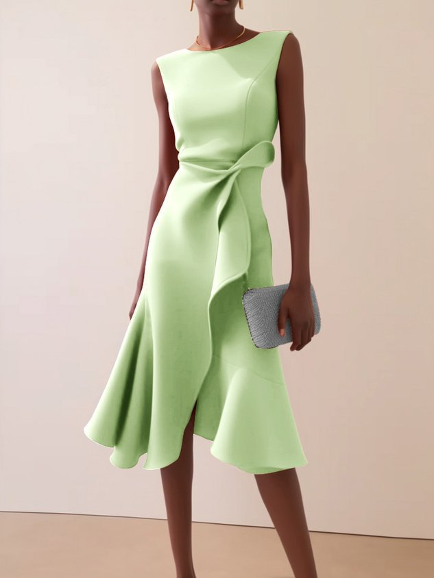 Camilla Women's Draped Sleeveless Midi Dress in light green with asymmetric waist detail.