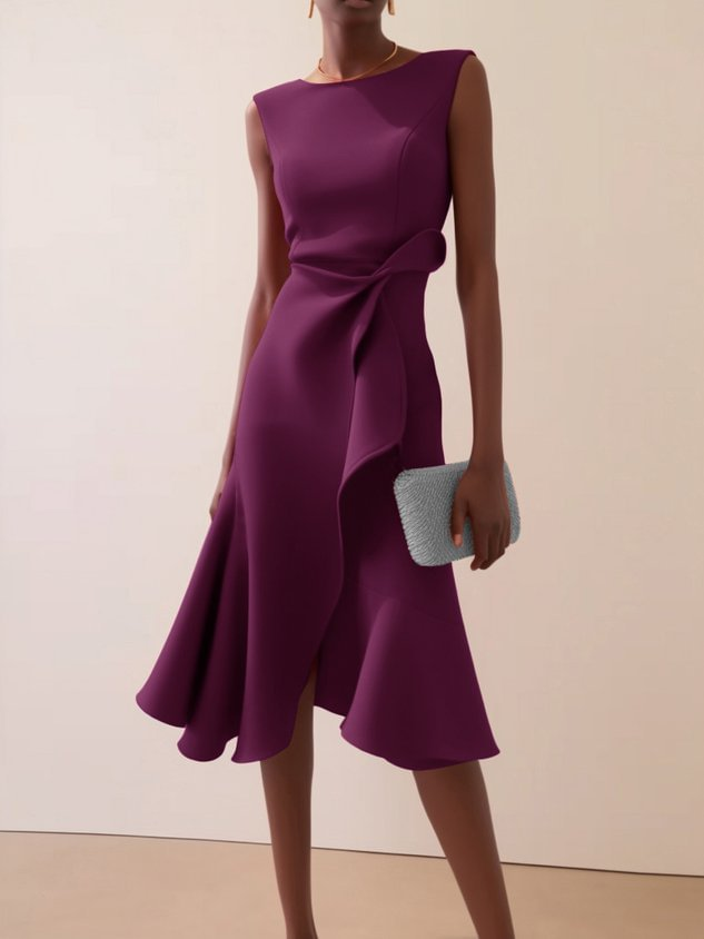 Camilla Women's Draped Sleeveless Midi Dress in plum with an asymmetric waist detail and flared skirt.