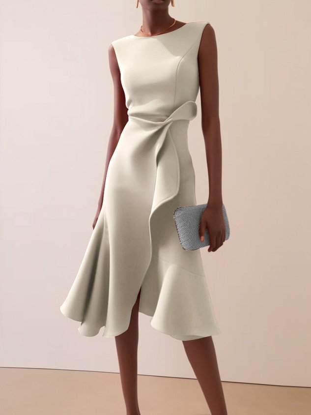 Camilla Women's Draped Sleeveless Midi Dress in elegant cream with asymmetric waist detail.