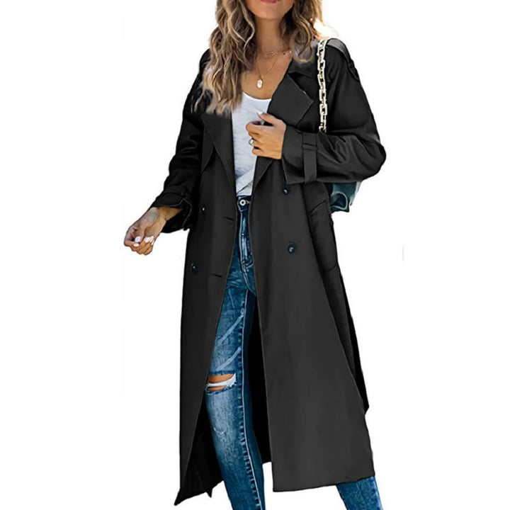 Elegant black double-breasted long trench coat with notched lapels, perfect for effortless mid-season layering.