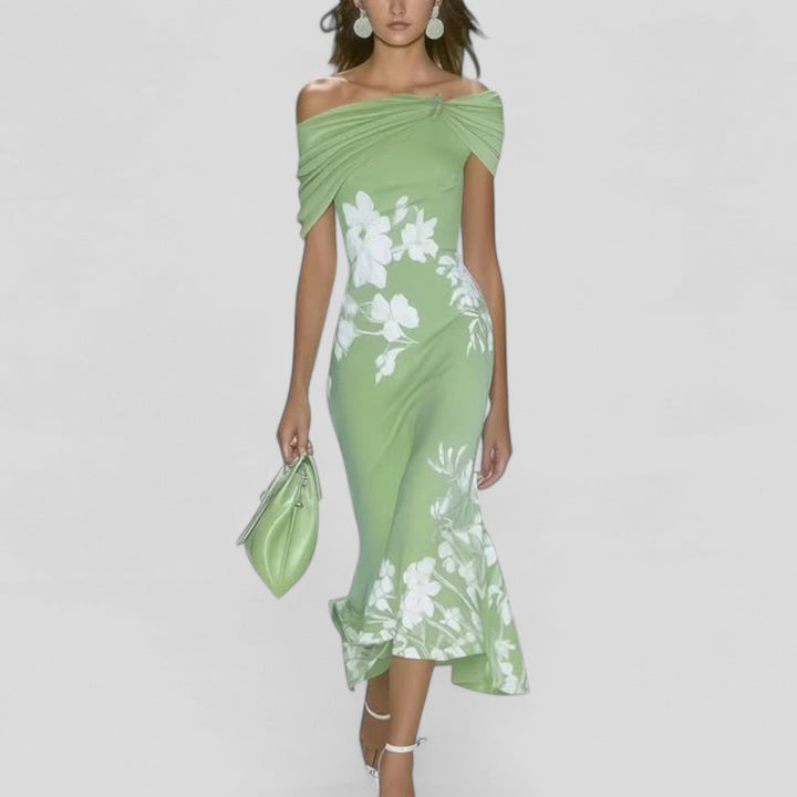 Charlotte women's floral printed midi dress in soft green with an off-shoulder neckline and white floral print.