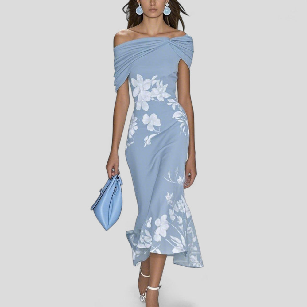 Charlotte Women's Floral Printed Midi Dress: a stunning blue off-the-shoulder midi dress with white floral print.