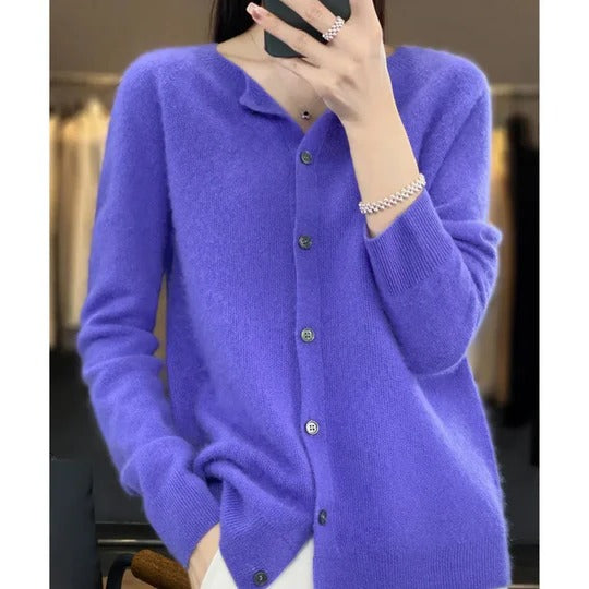 Vibrant purple fine-knit cardigan with a round neckline, long sleeves, and a polished front button-up closure.