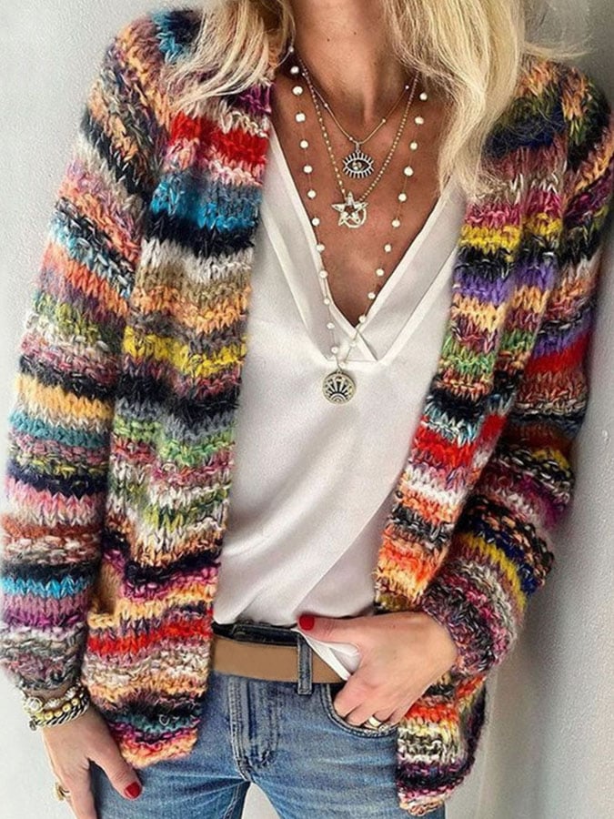Vibrant multicoloured striped knit cardigan with an open-front, relaxed fit and comfortable drop-shoulder design.