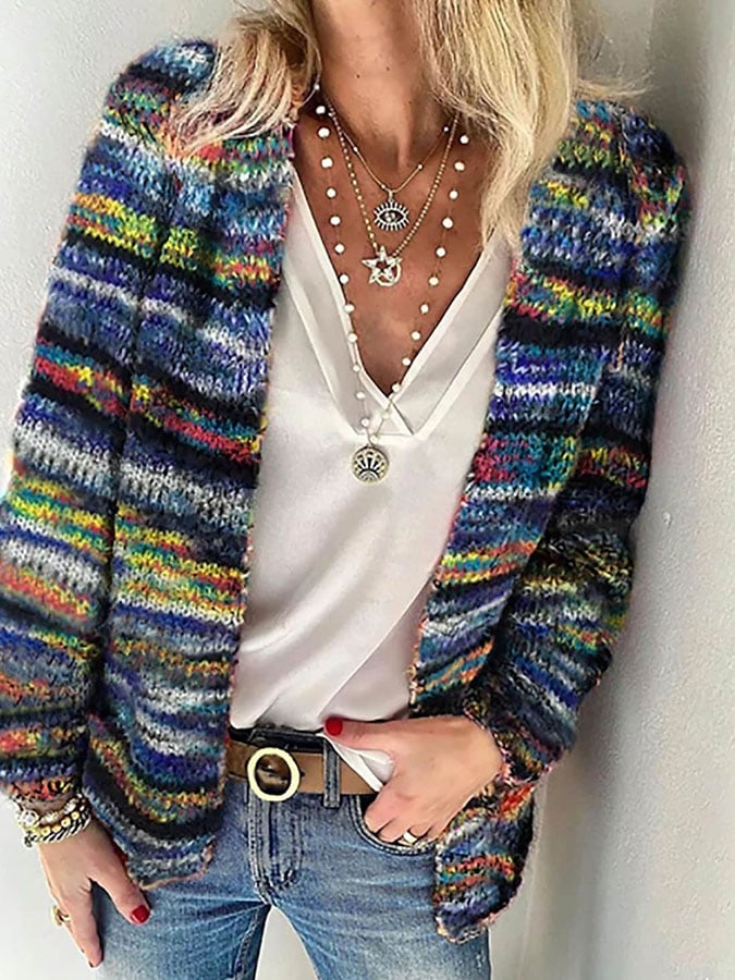 Vibrant multicoloured striped knit cardigan with an open-front, relaxed drop-shoulder fit for effortless layering.