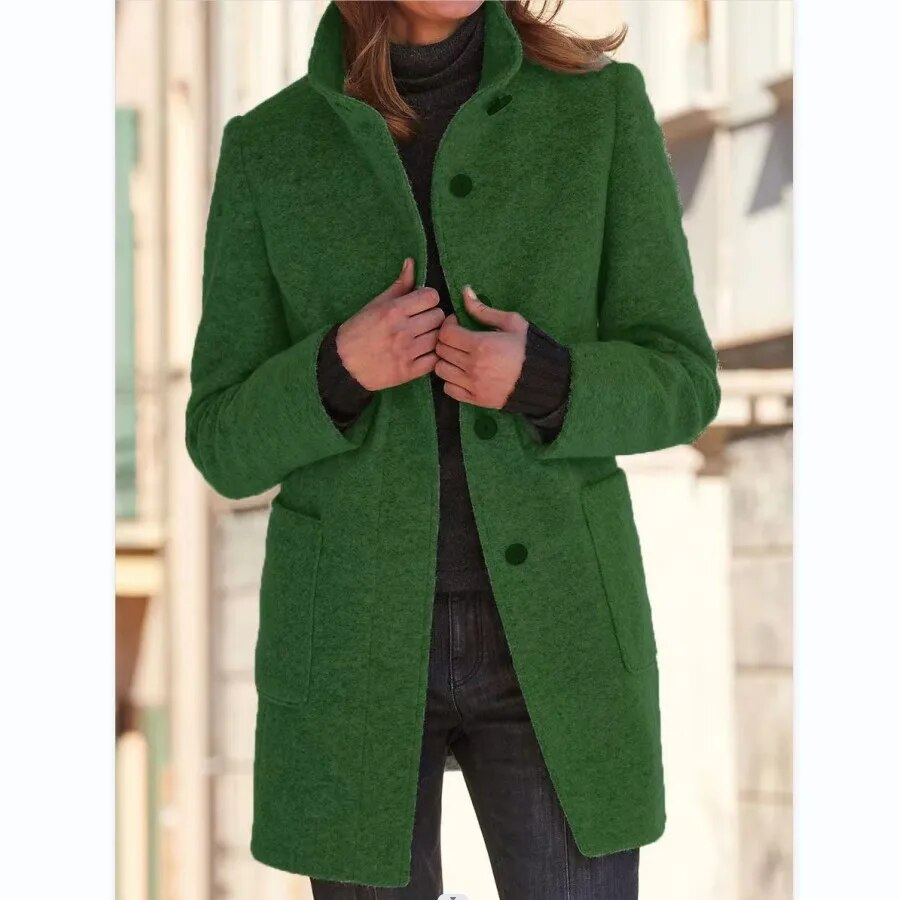 Elegant green longline wool-blend coat featuring a sophisticated funnel collar and button-front closure.