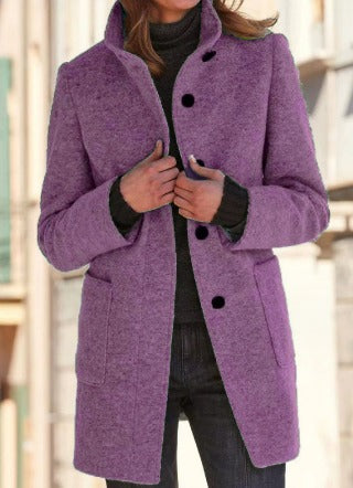Purple longline wool-blend coat featuring a standing funnel collar, button-front closure, and practical front pockets.