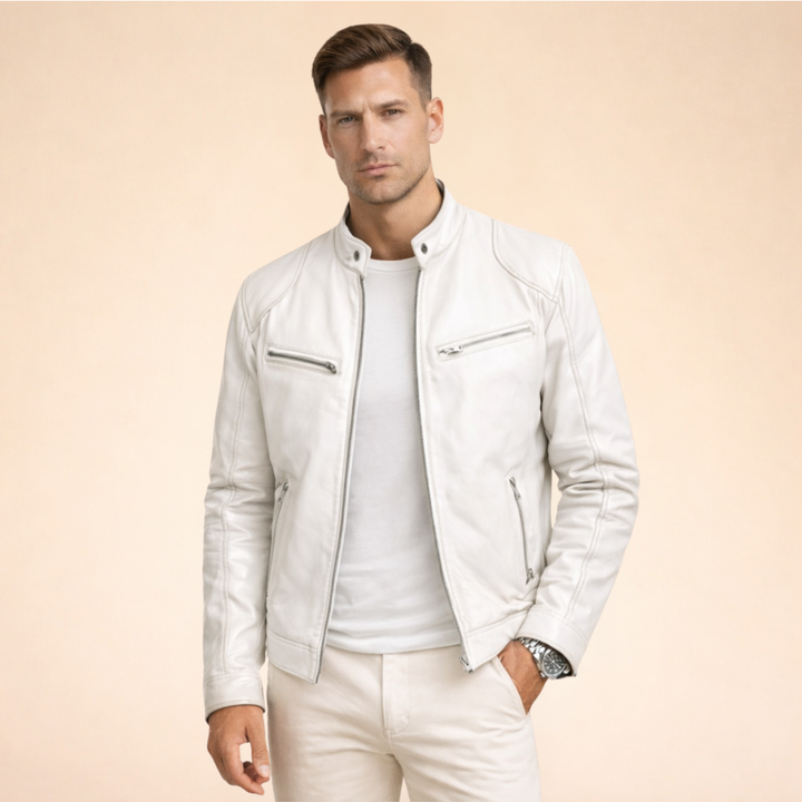 Damon slim fit white faux leather moto jacket featuring a band collar and sleek zip-front design.