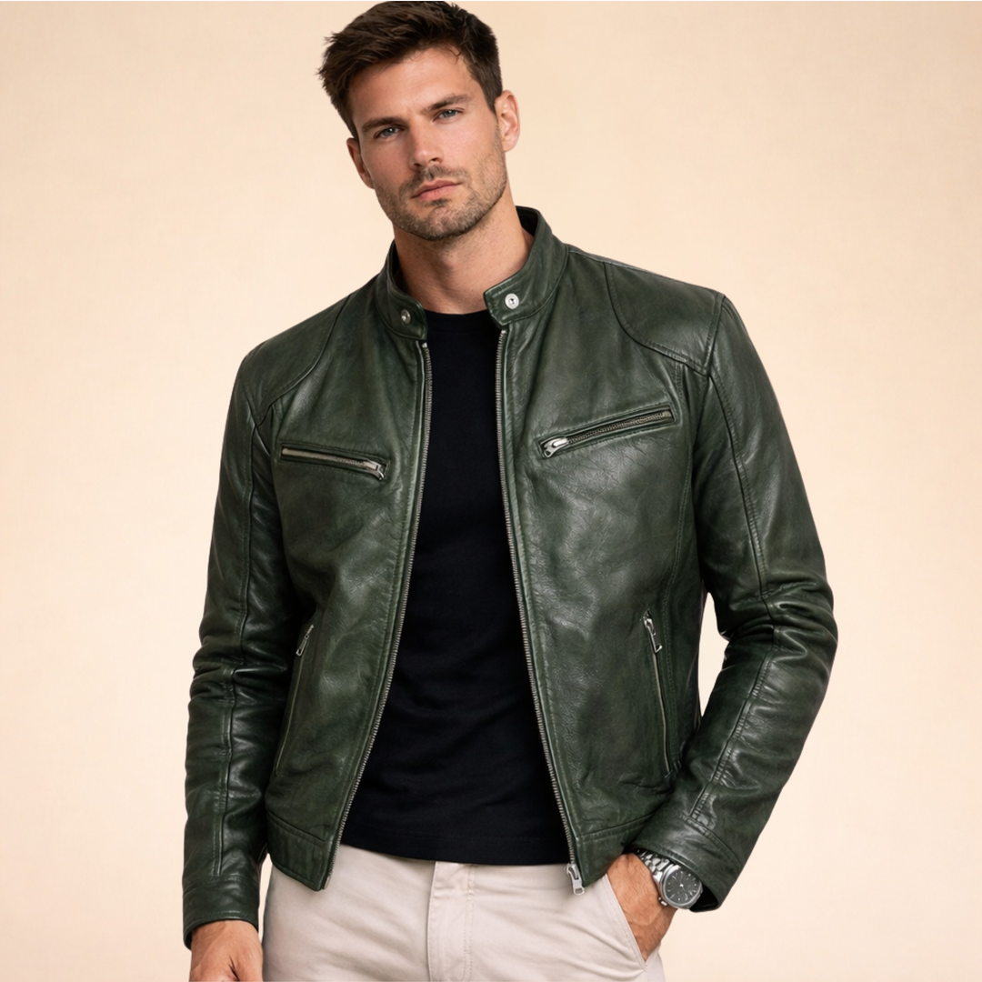 Damon slim fit forest green faux leather moto jacket with a band collar, zip front, and chest pockets.