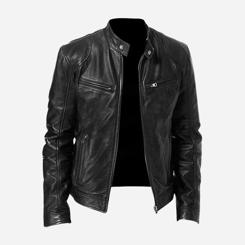Damon slim fit black faux leather moto jacket with a band collar, snap tabs, and sleek zip-front pockets.
