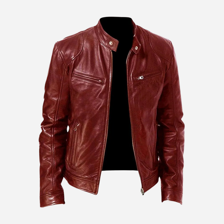 Damon slim fit burgundy faux leather moto jacket with a band collar, snap tab, and sleek zip-front pockets.