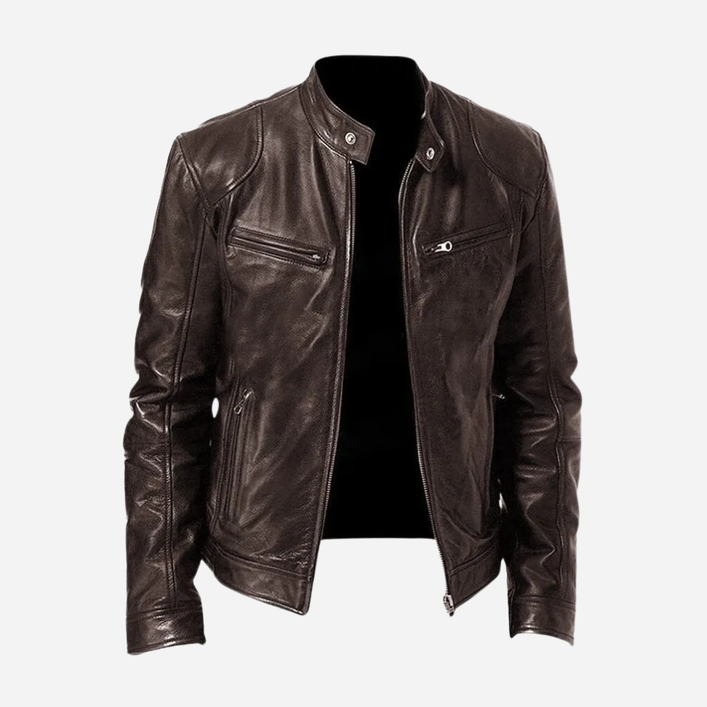 Damon men's slim fit dark brown faux leather moto jacket with a band collar, snap tabs, and sleek zip-front pockets.