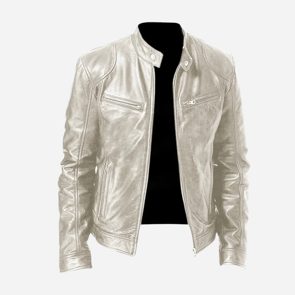 Damon men's slim fit faux leather moto jacket in silver with a band collar, snap tabs, and sleek zip-front pockets.