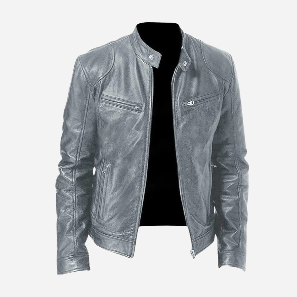 Damon slim fit charcoal faux leather moto jacket with a band collar, snap tabs, and sleek zip-front pockets.