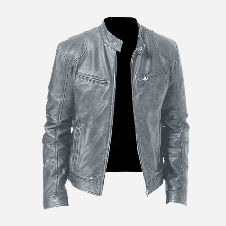 Damon slim fit charcoal faux leather moto jacket with a band collar, snap tabs, and sleek zip-front pockets.