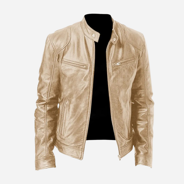Tan slim-fit faux leather moto jacket with a band collar, snap tabs, and sleek zip-front pockets for a sharp, modern look.