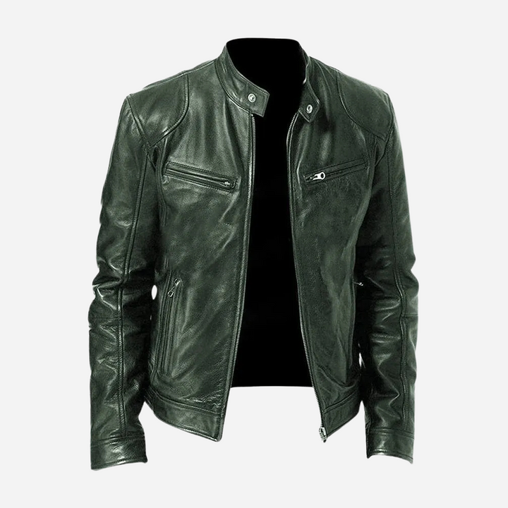 Damon slim fit black faux leather moto jacket with a band collar, snap tabs, and sleek zip-front pockets.