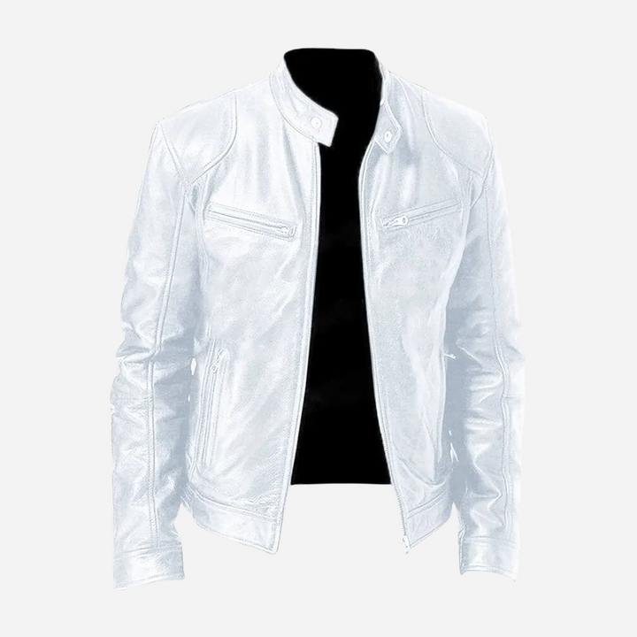 Damon men's slim fit white faux leather moto jacket with a band collar, snap tabs, and sleek zip-front pockets.