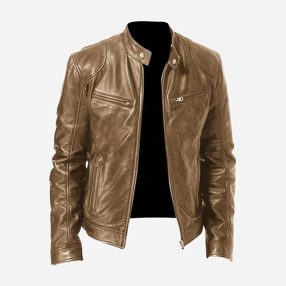 Damon men's slim fit brown faux leather moto jacket with a band collar, snap tab, and sleek zip-front pockets.