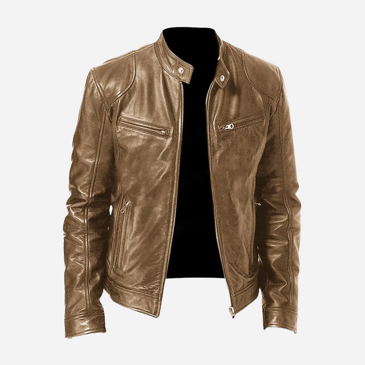 Damon men's slim fit brown faux leather moto jacket with a band collar, snap tab, and sleek zip-front pockets.