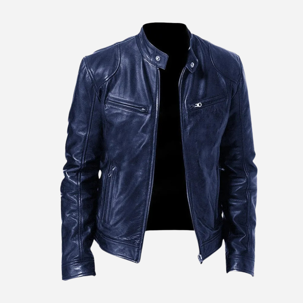 Damon slim fit navy faux leather moto jacket with band collar, snap tabs, and sleek zip-front pockets.