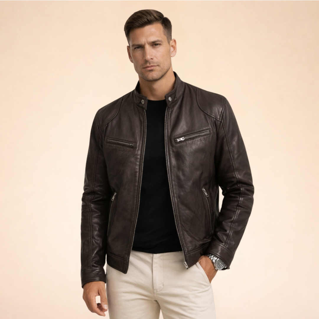 Damon slim fit dark brown faux leather moto jacket with a band collar, zip front, and chest pockets.