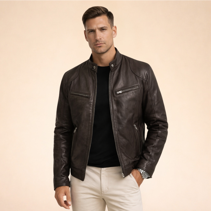 Damon slim fit dark brown faux leather moto jacket with a band collar, zip front, and chest pockets.