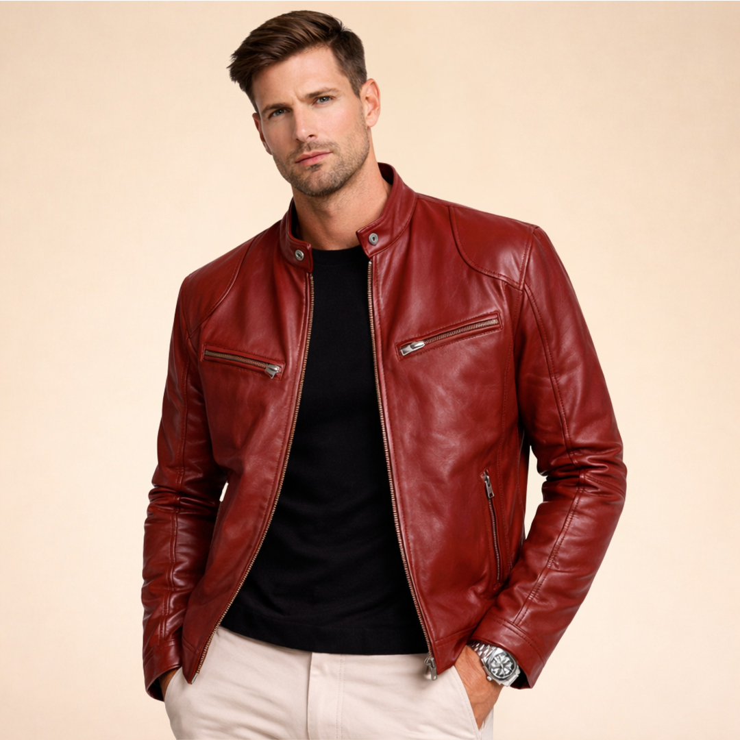 Damon slim fit red faux leather moto jacket with a band collar, snap tabs, and sleek zip-front pockets.