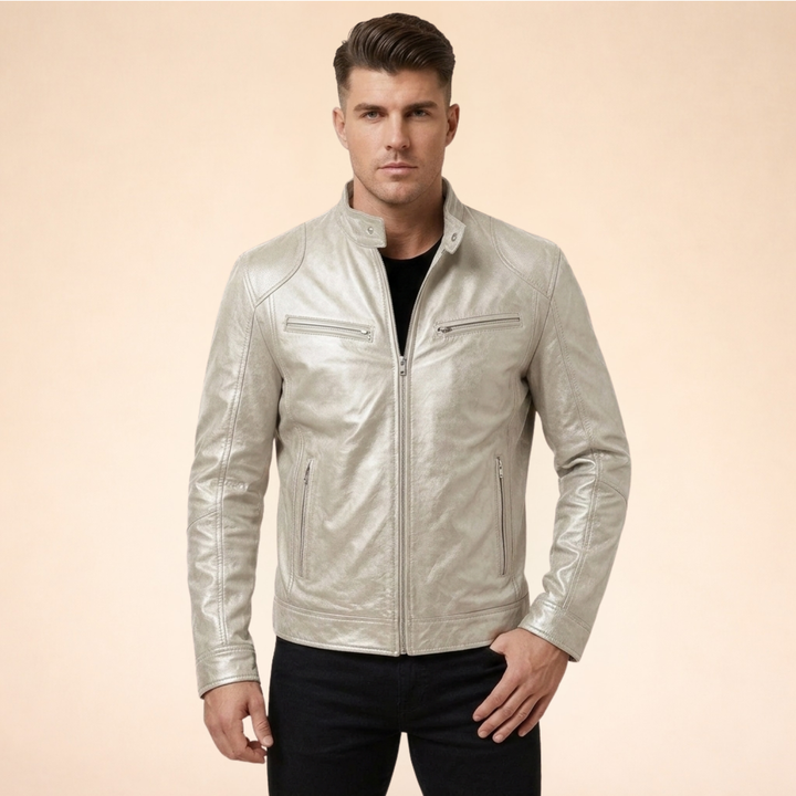 Damon slim fit silver faux leather moto jacket with a band collar, snap tab, and zip-front pockets.