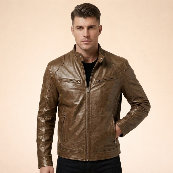 Damon men’s slim fit brown faux leather moto jacket featuring a band collar, zip front, and sleek tailored silhouette.