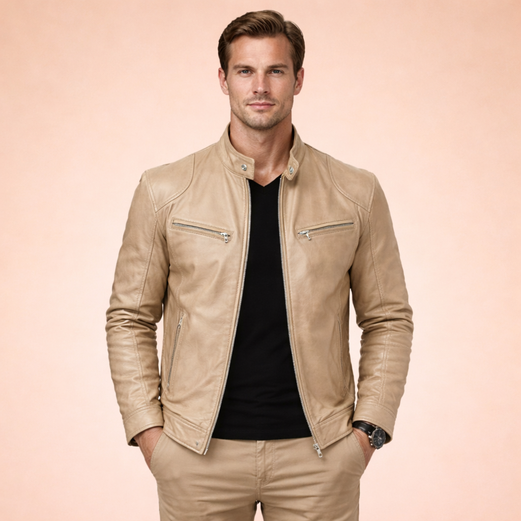 Man wearing a slim-fit tan faux leather moto jacket with a band collar, zip front, and chest pockets.