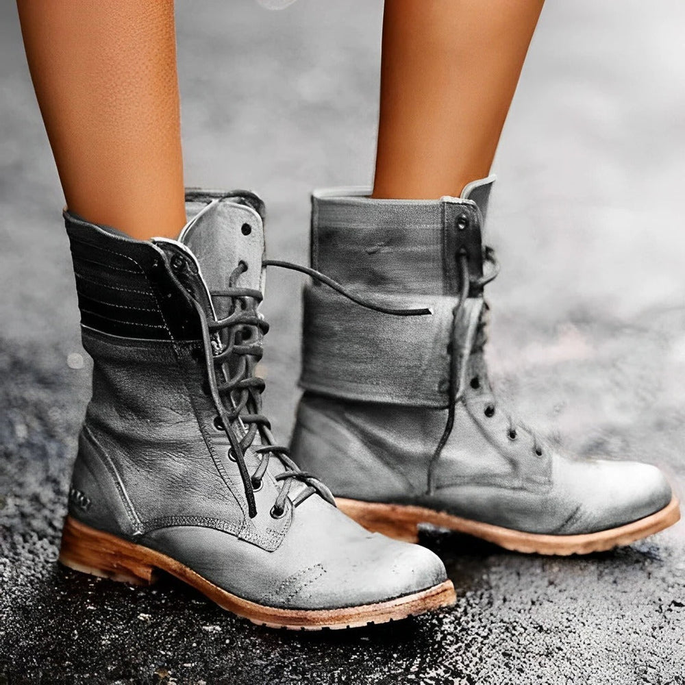 Delia vintage-style grey leather lace-up ankle boots with a rugged, weathered finish and durable textured outsole.