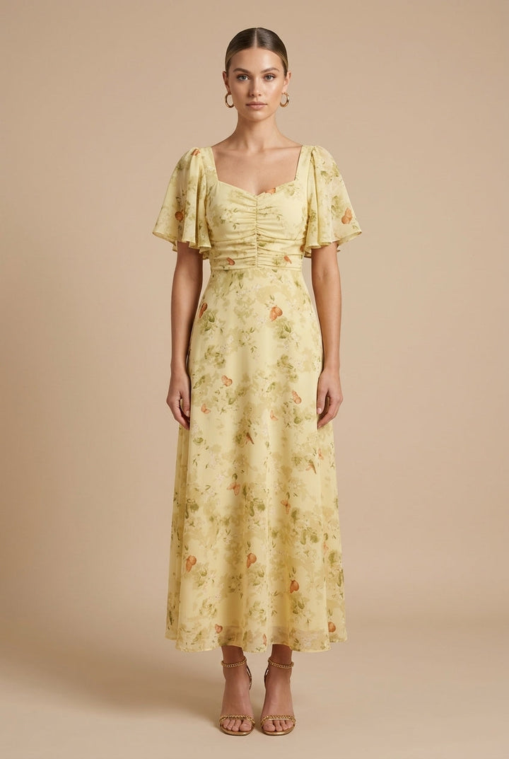 Delilah women's yellow floral square neck maxi dress with ruched bodice and flutter sleeves.