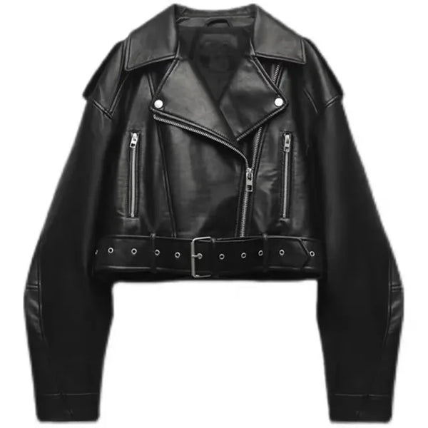 Black cropped faux leather biker jacket with an asymmetric zip, wide shoulders, and an adjustable buckled waist belt.