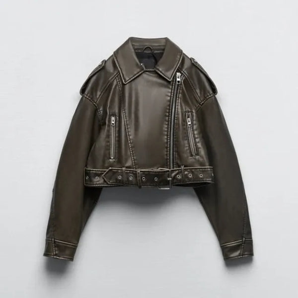 Dark brown faux leather cropped biker jacket with asymmetric zip, zip pockets, and an adjustable buckled waist belt.
