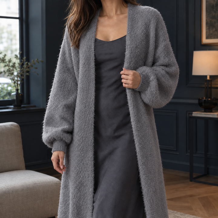 Plush grey longline open-front cardigan in a soft, fluffy knit with comfortable ribbed cuffs.