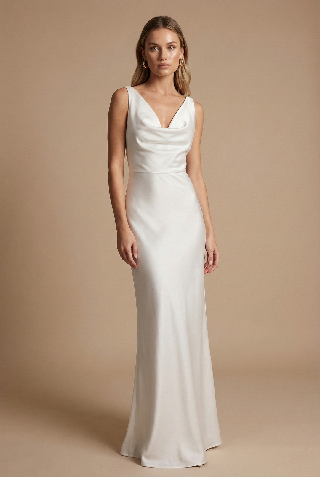 Delphine women's white satin cowl neck maxi dress with deep V plunge and fluid floor-length hem.