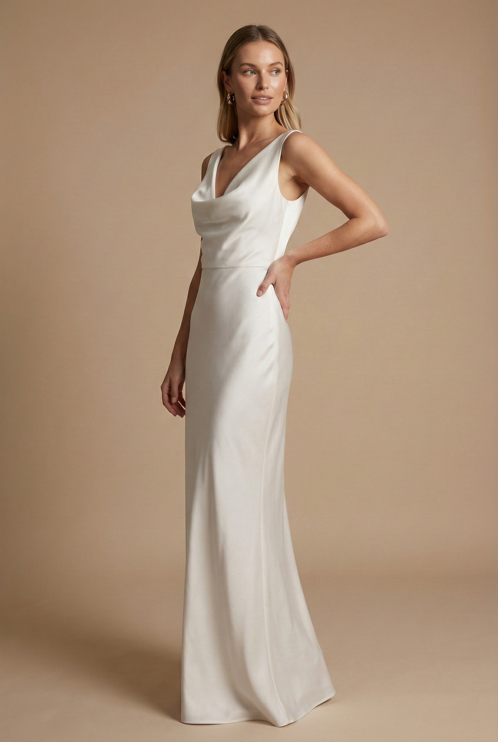 Delphine women's white satin cowl neck maxi dress with a deep V plunge and open low back.