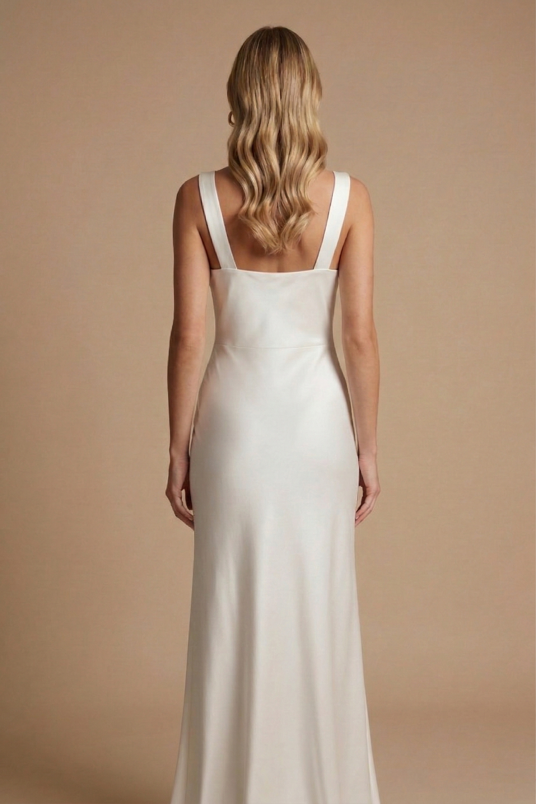 Delphine women's white satin cowl neck maxi dress, featuring an open low back and fluid floor-length hem.