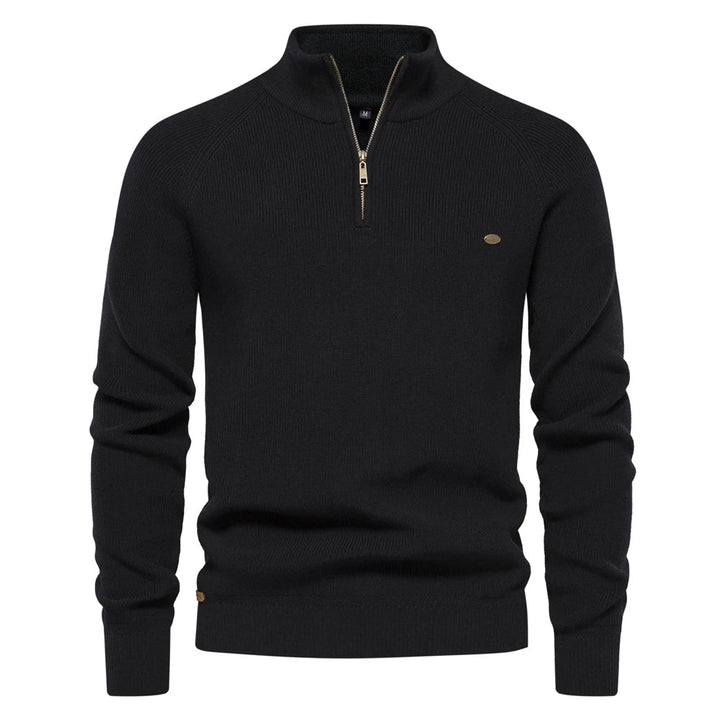 Black men's quarter-zip knit sweater with ribbed cuffs, a gold-tone zipper, and a tailored midweight silhouette.