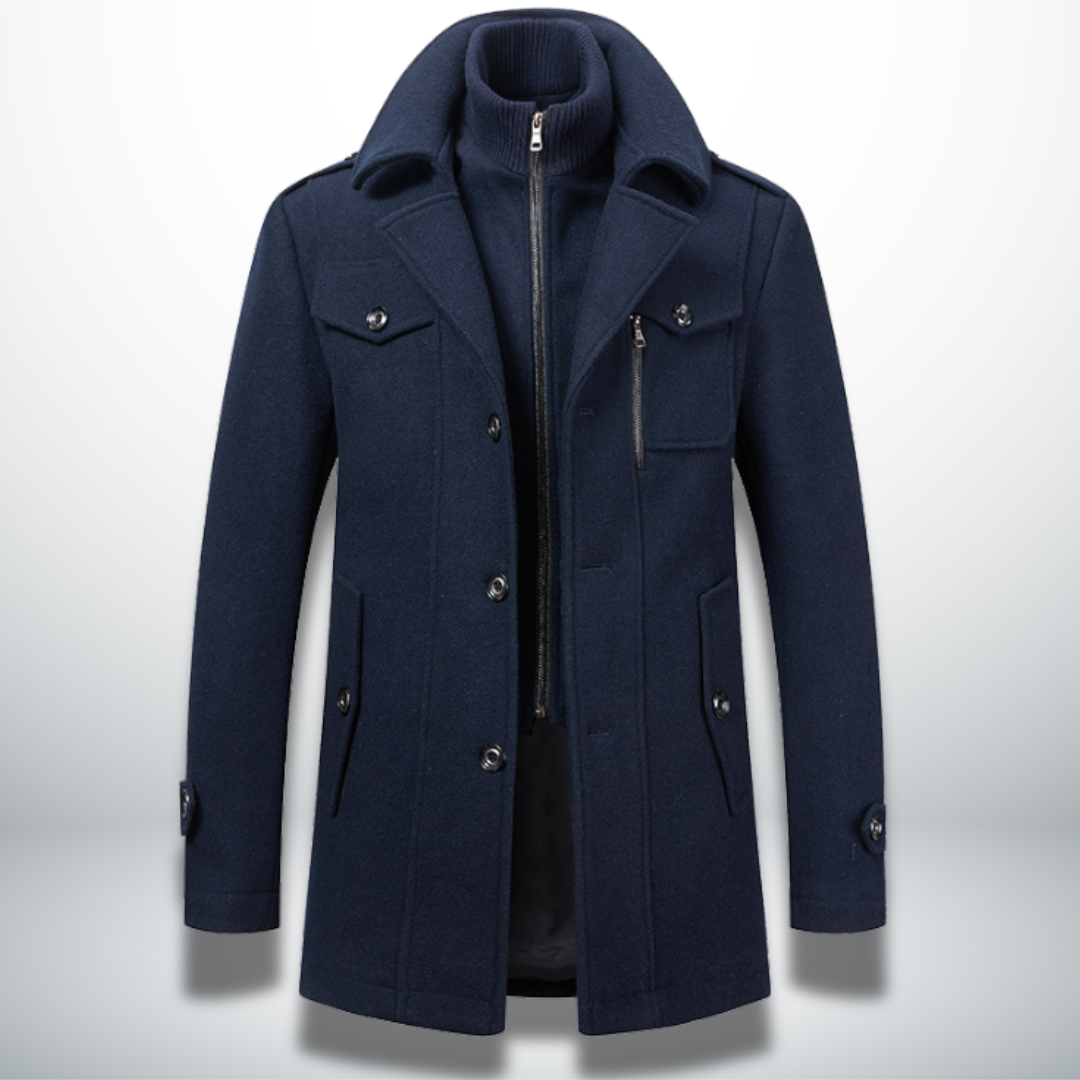 Navy blue wool-blend men's coat featuring a double collar, inner zip layer, button front, and chest pocket detailing.