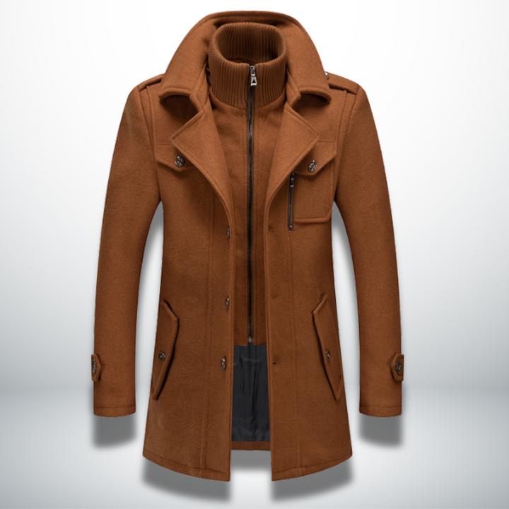 Brown wool-blend men's coat featuring a double collar, inner zip layer, button-front closure, and practical flap pockets.
