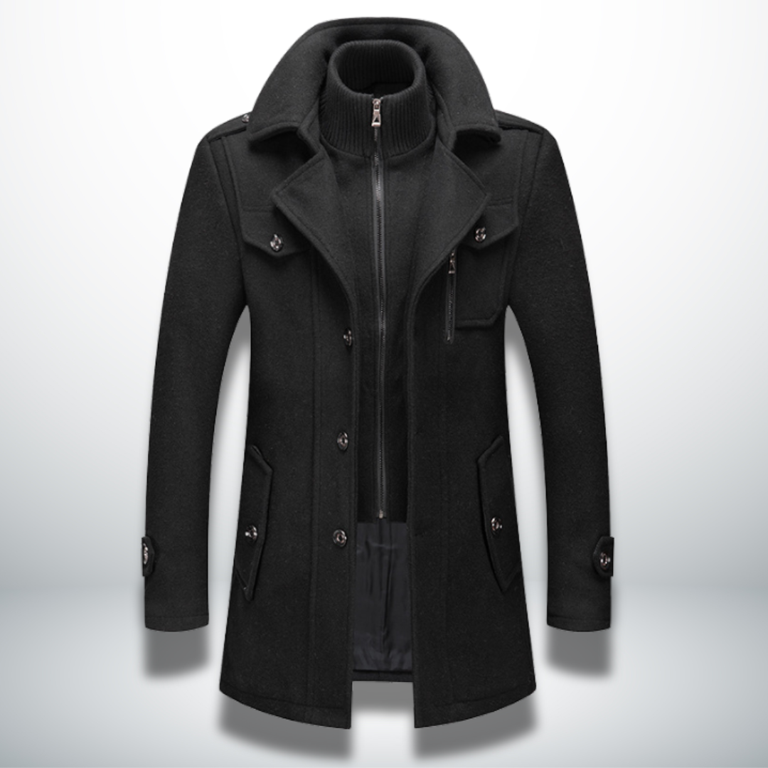 Black wool-blend men's coat featuring a double collar, inner zip layer, button front, and practical chest pocket.