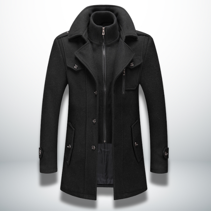 Black wool-blend men's coat featuring a double collar, inner zip layer, button front, and practical chest pocket.